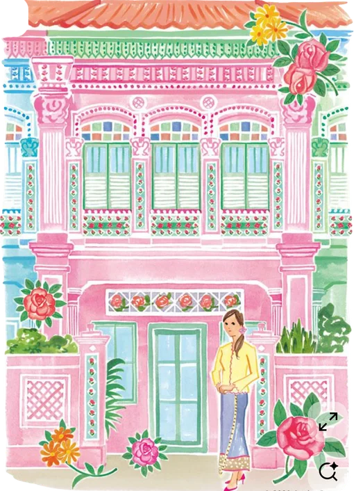 Illustration of a pink Peranakan shophouse